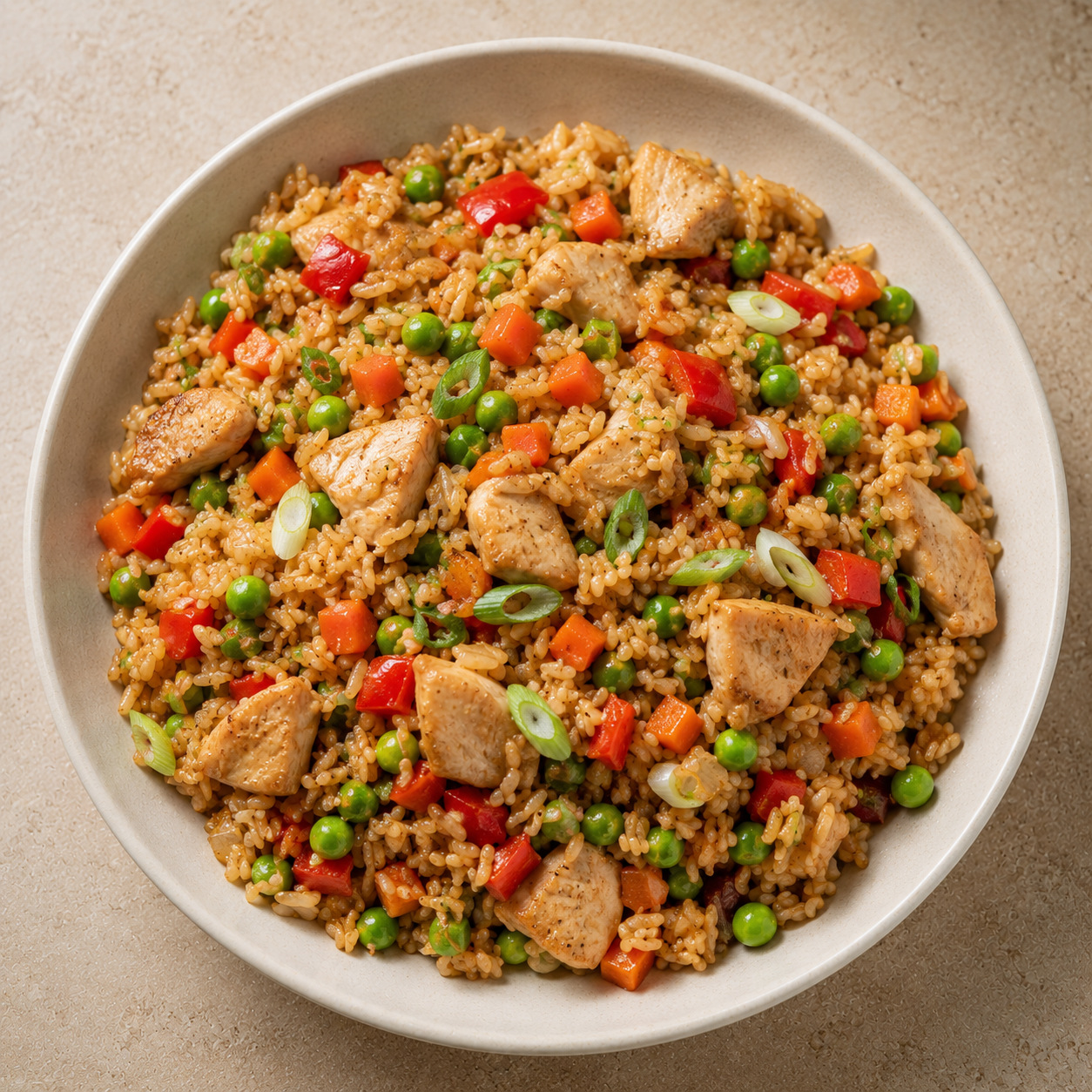 Arroz con pollo y verduras con sabor oriental