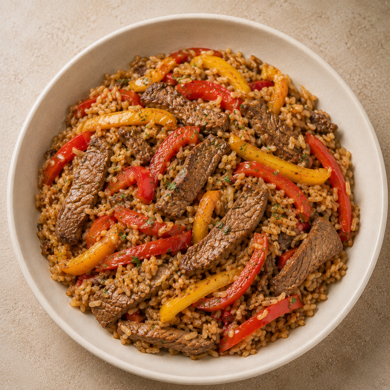 Arroz con ternera y pimientos