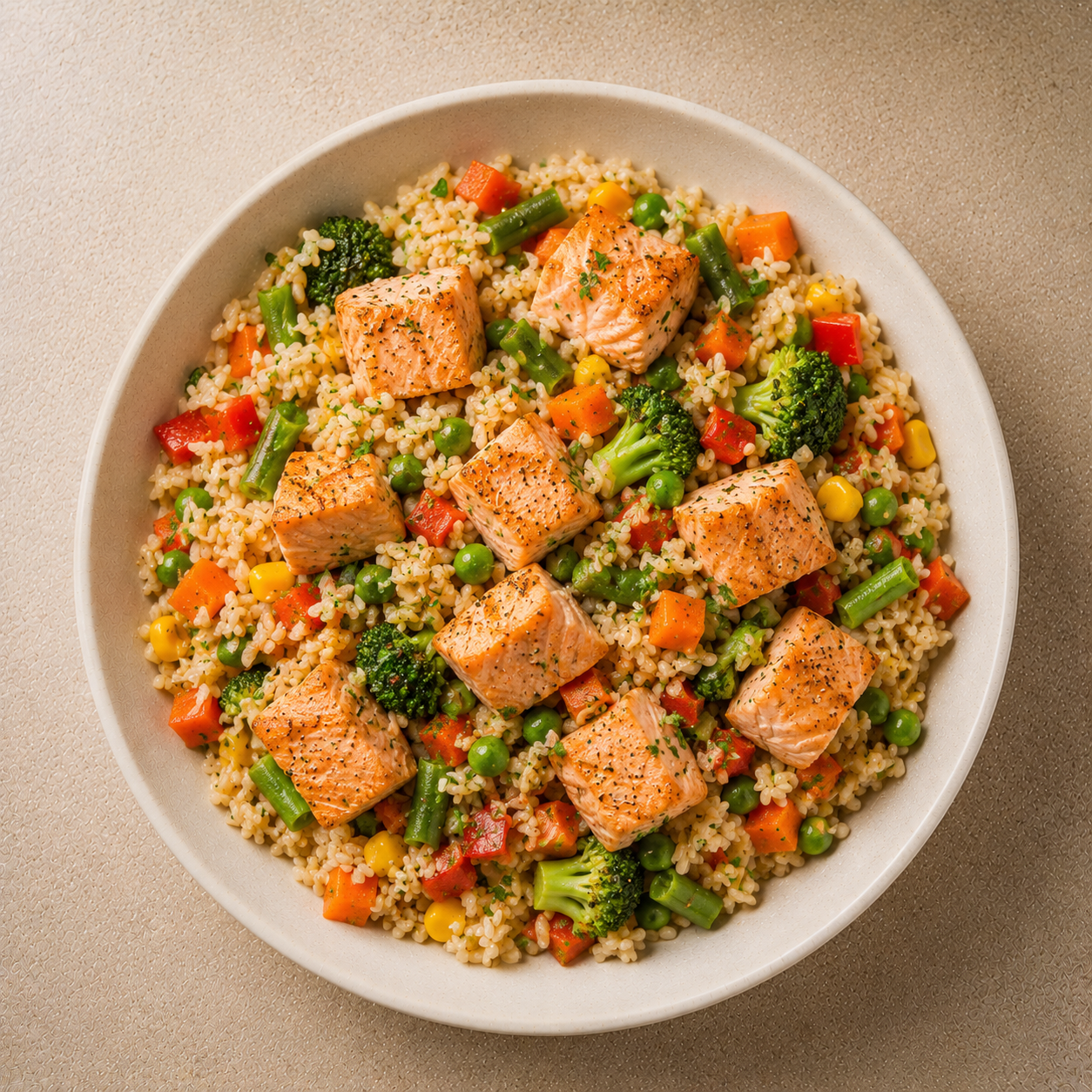 Arroz con verduras y salmón