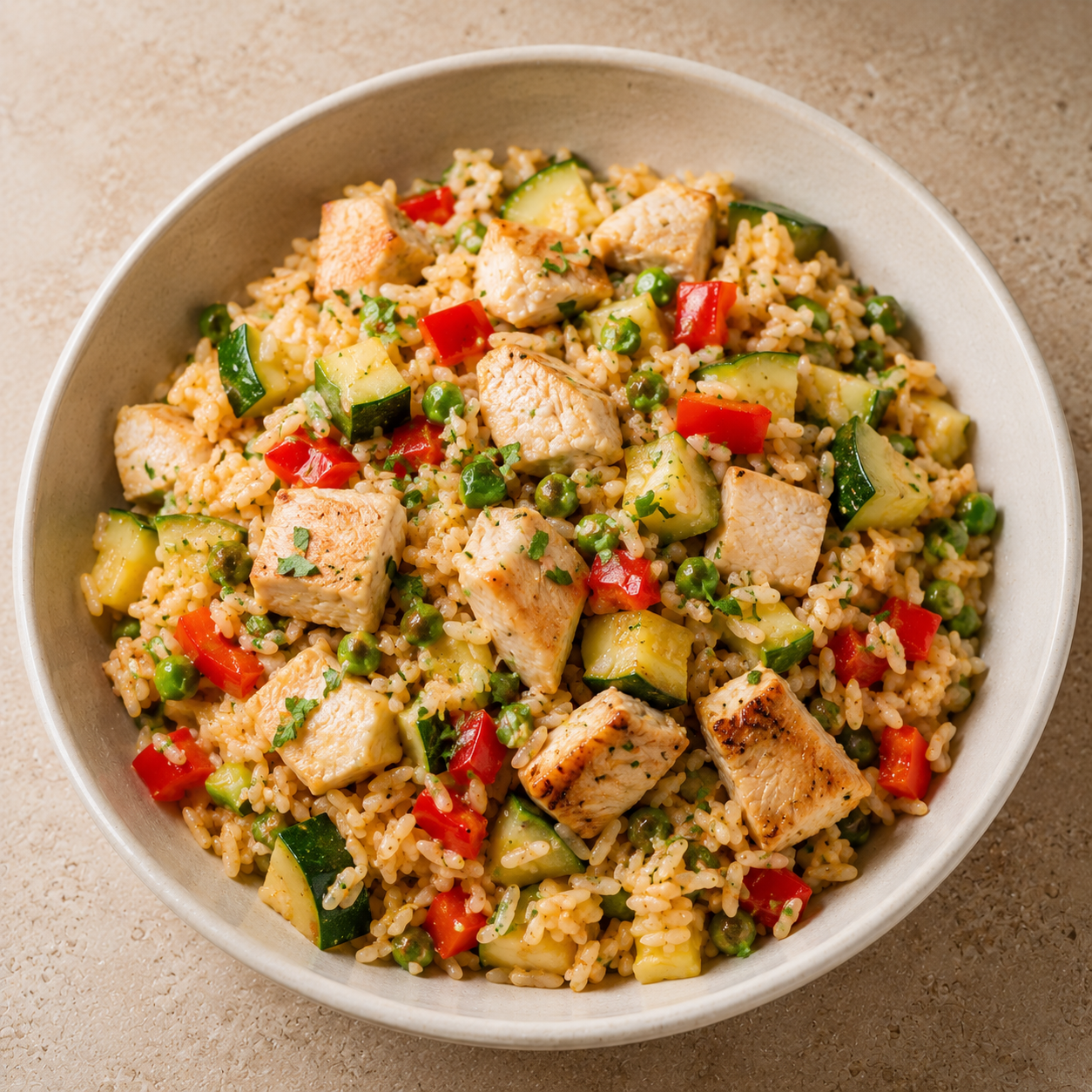 Arroz salteado con pollo y calabacín