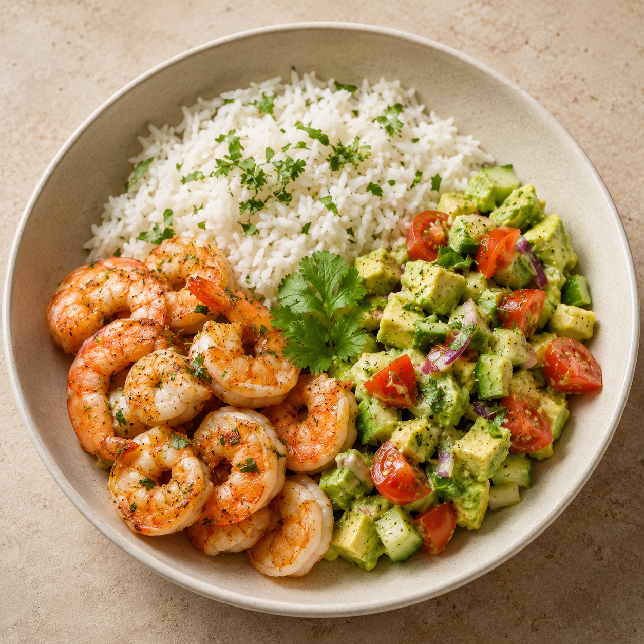 Bowl de arroz con gambas y ensalada de aguacate
