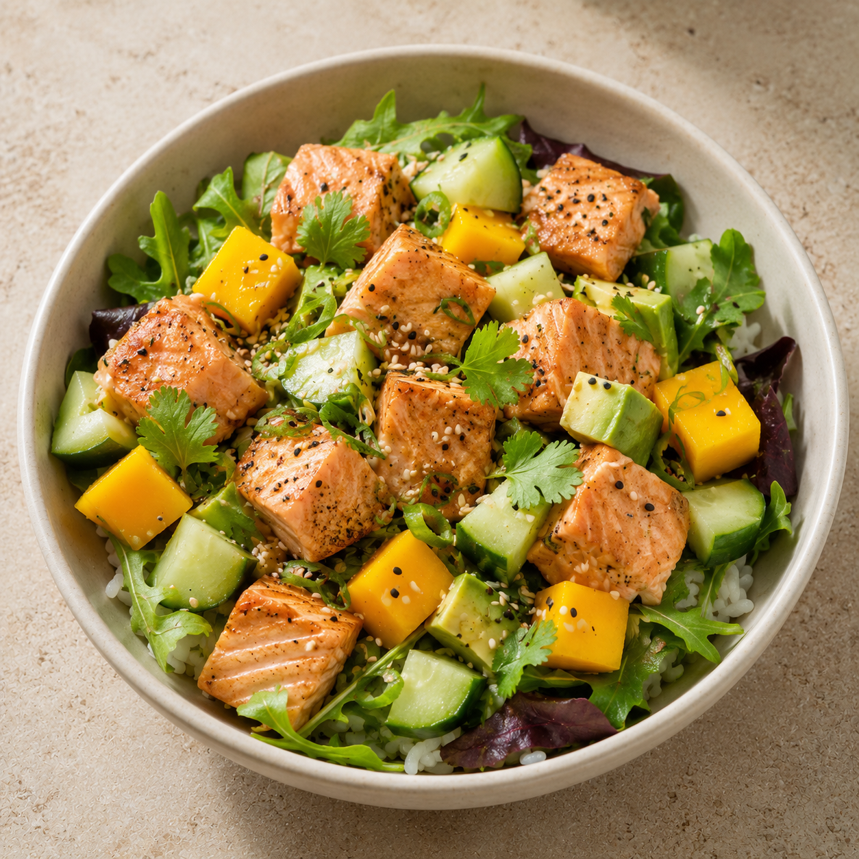Bowl de salmón con pepino y mango