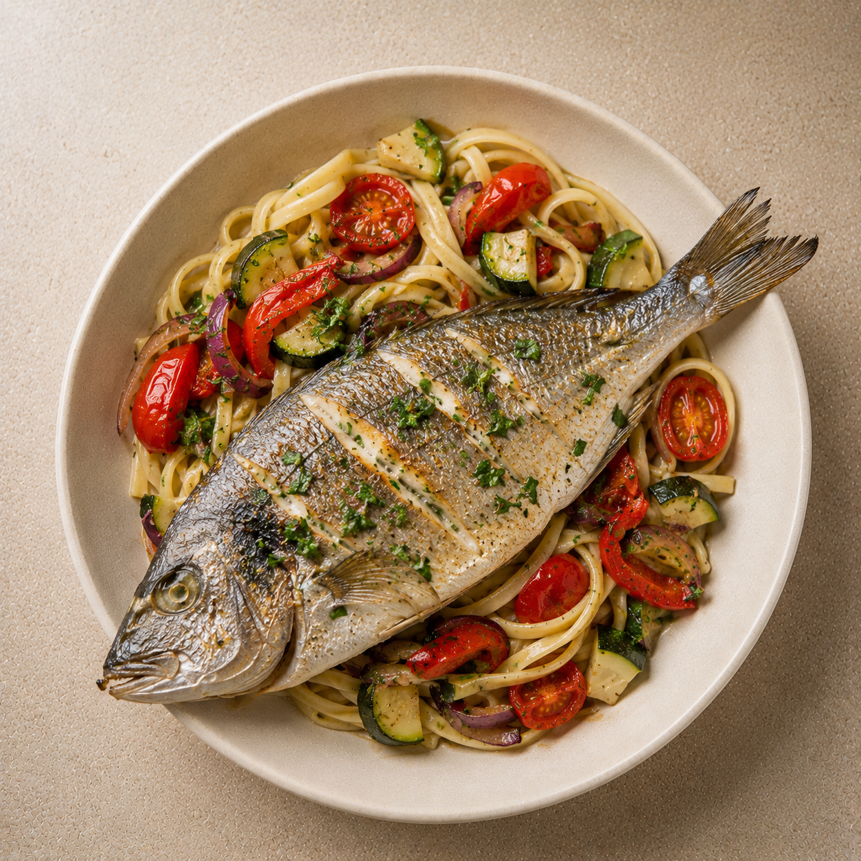 Dorada con pasta y verduras