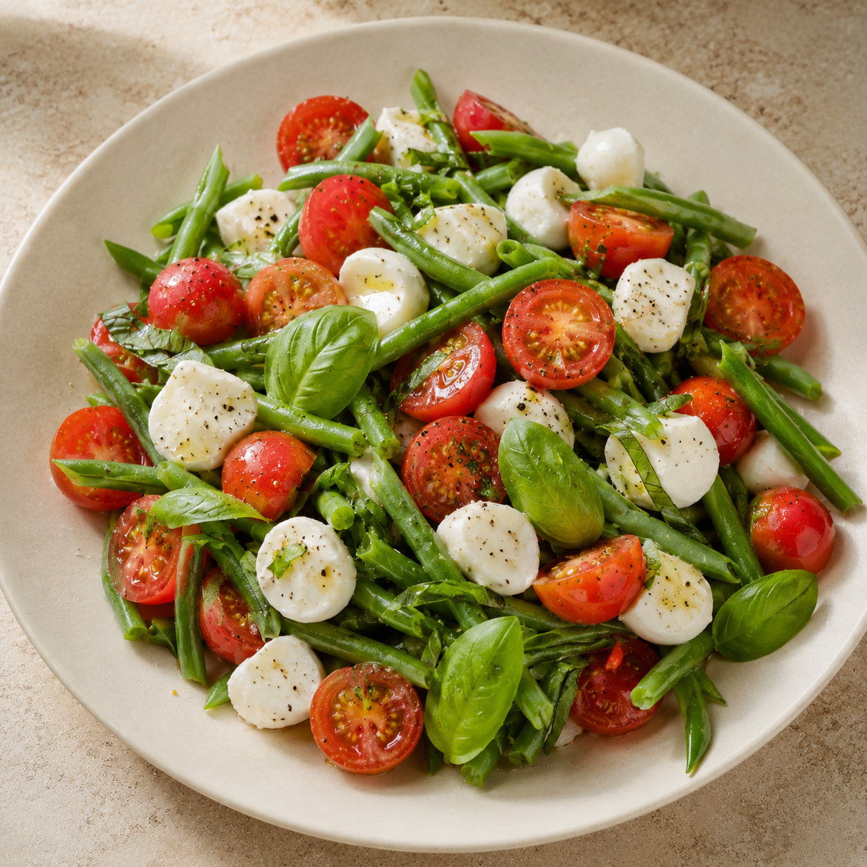 Ensalada de judías con cherrys y mozzarella