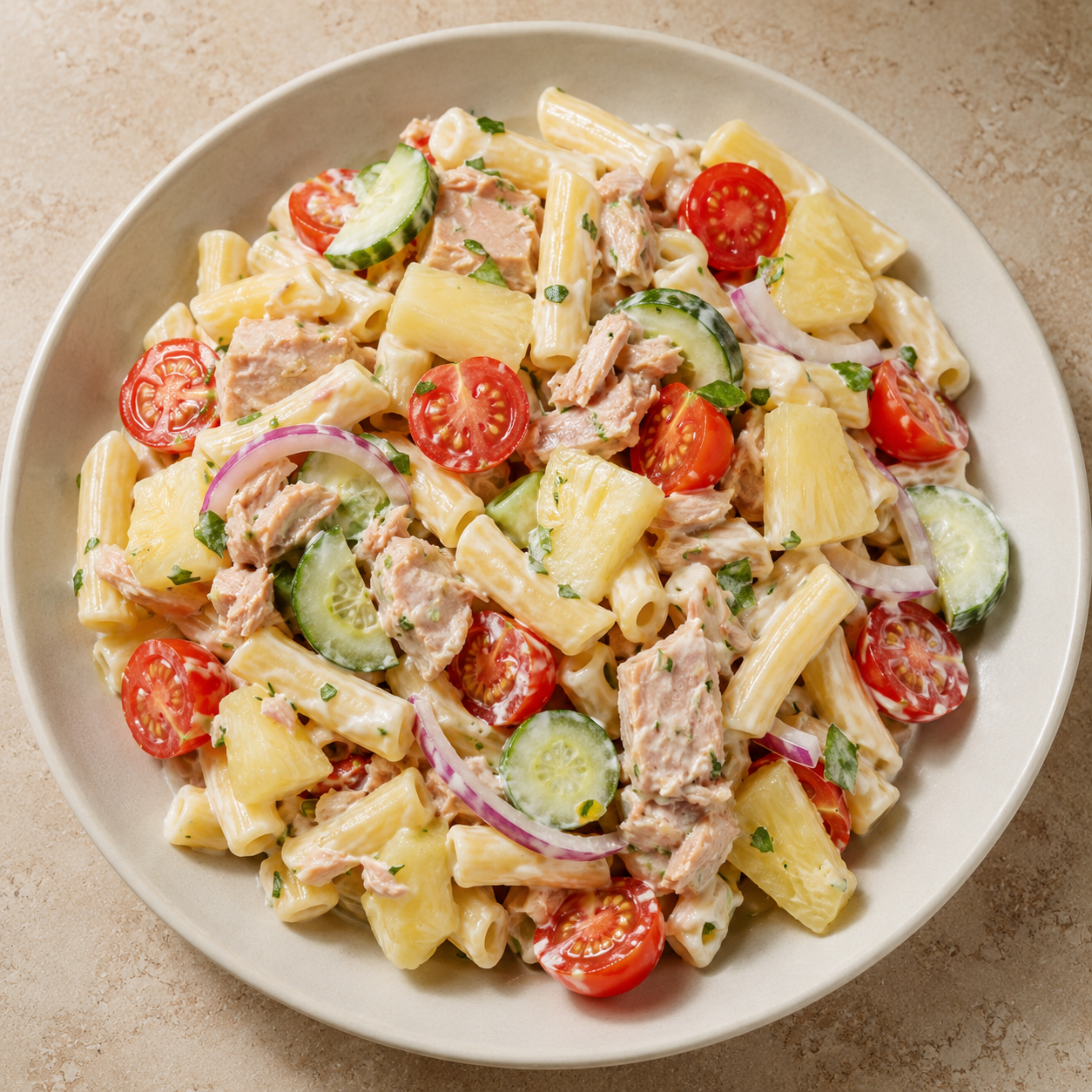 Ensalada de pasta con piña y atún