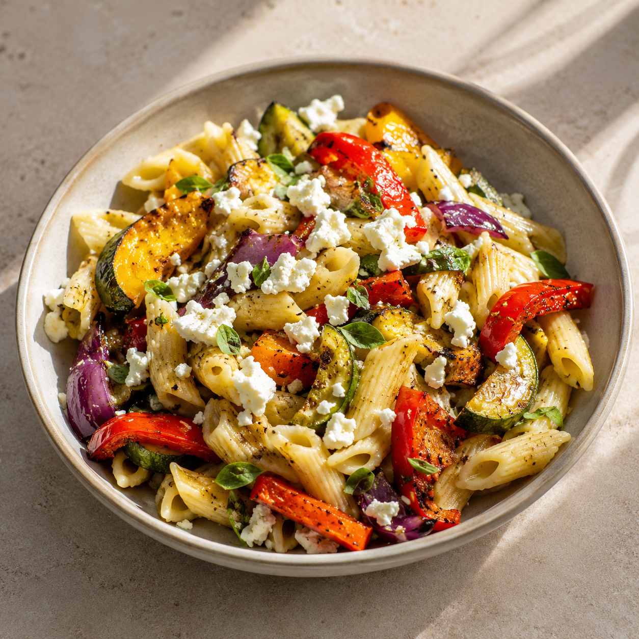 Ensalada de pasta con verduras asadas y feta