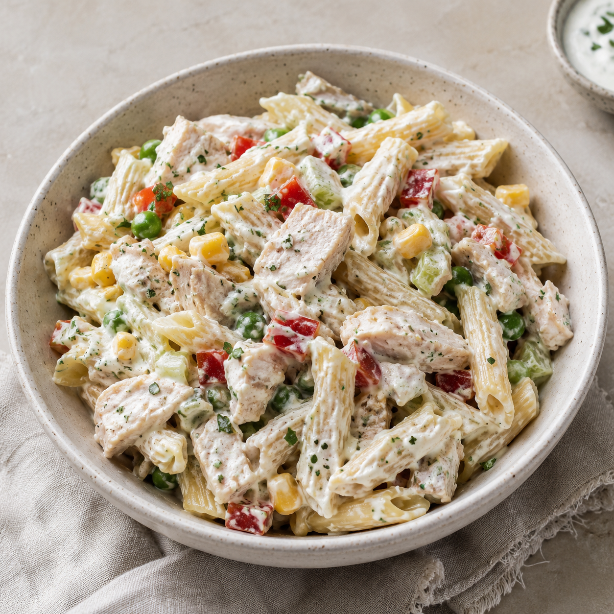 Ensalada de pasta y pollo con salsa de yogur