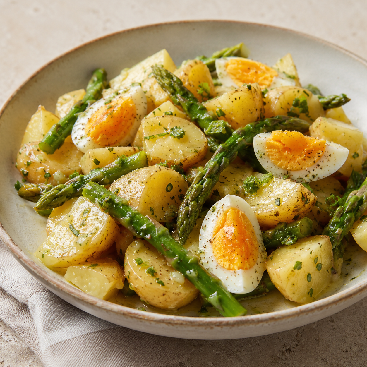 Ensalada de patata, espárragos y huevo