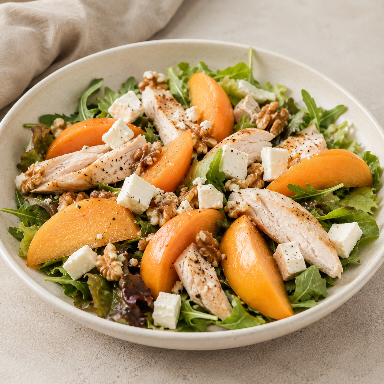 Ensalada de pollo con caqui y queso