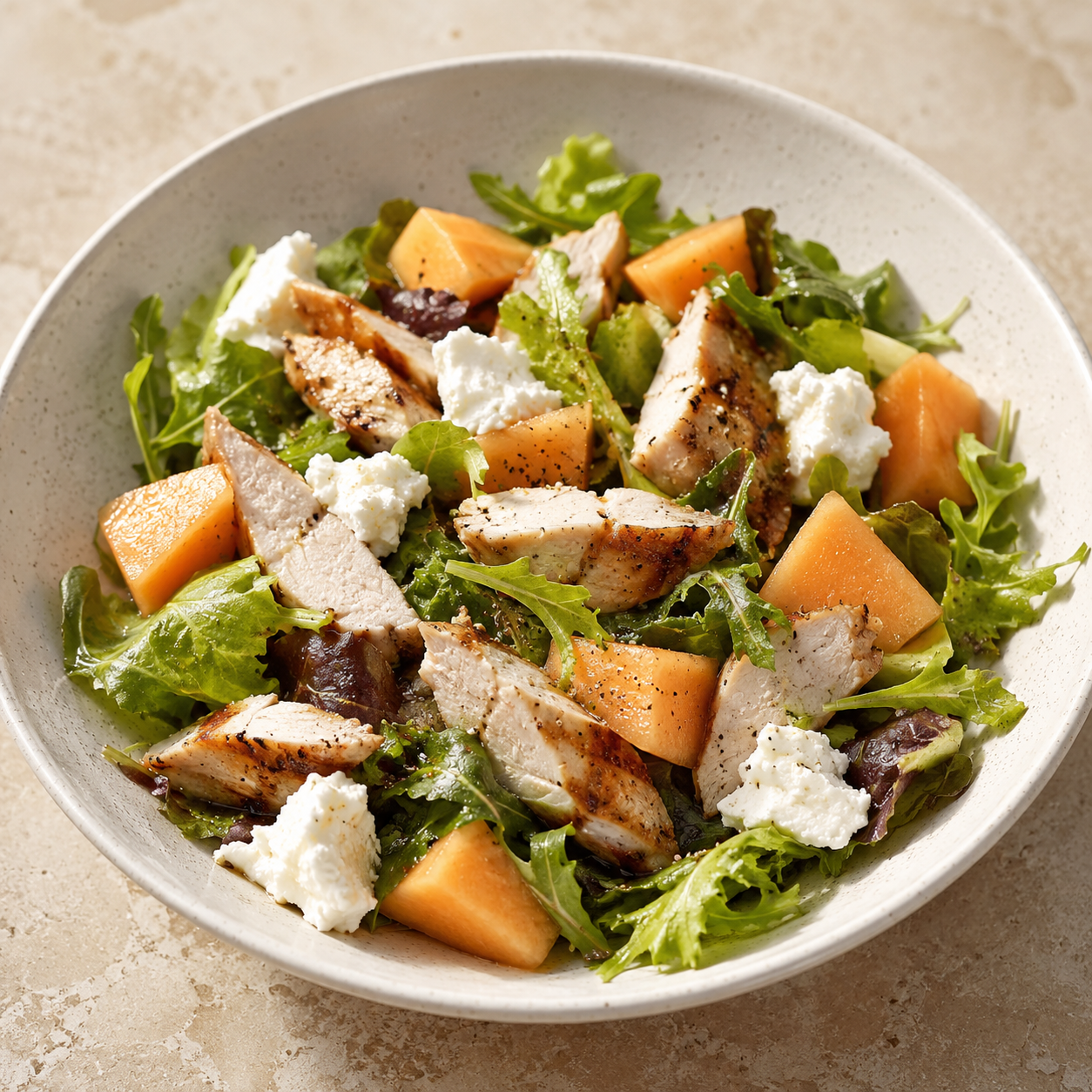 Ensalada de pollo con melón y queso de cabra