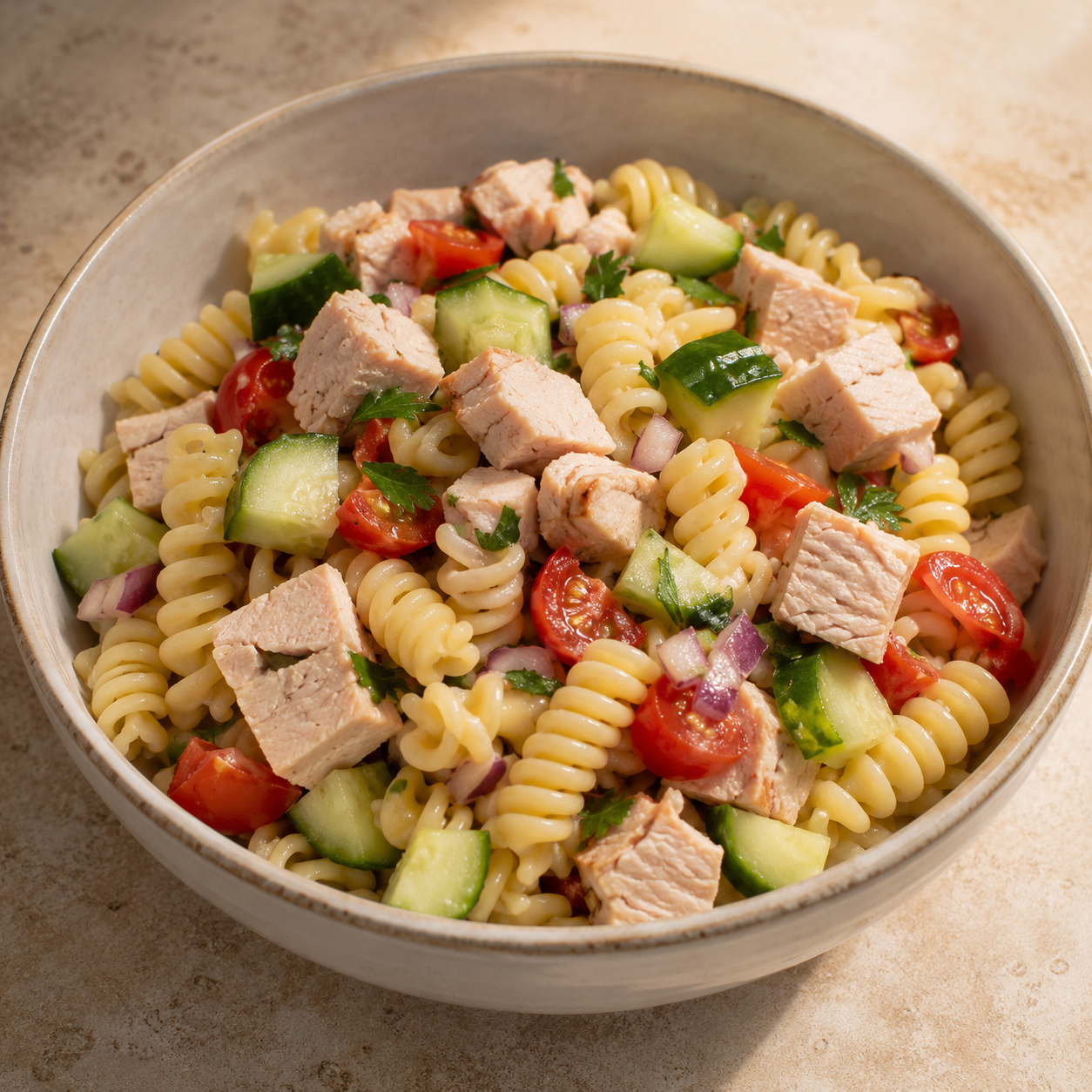 Ensalada fresca de pasta con pavo