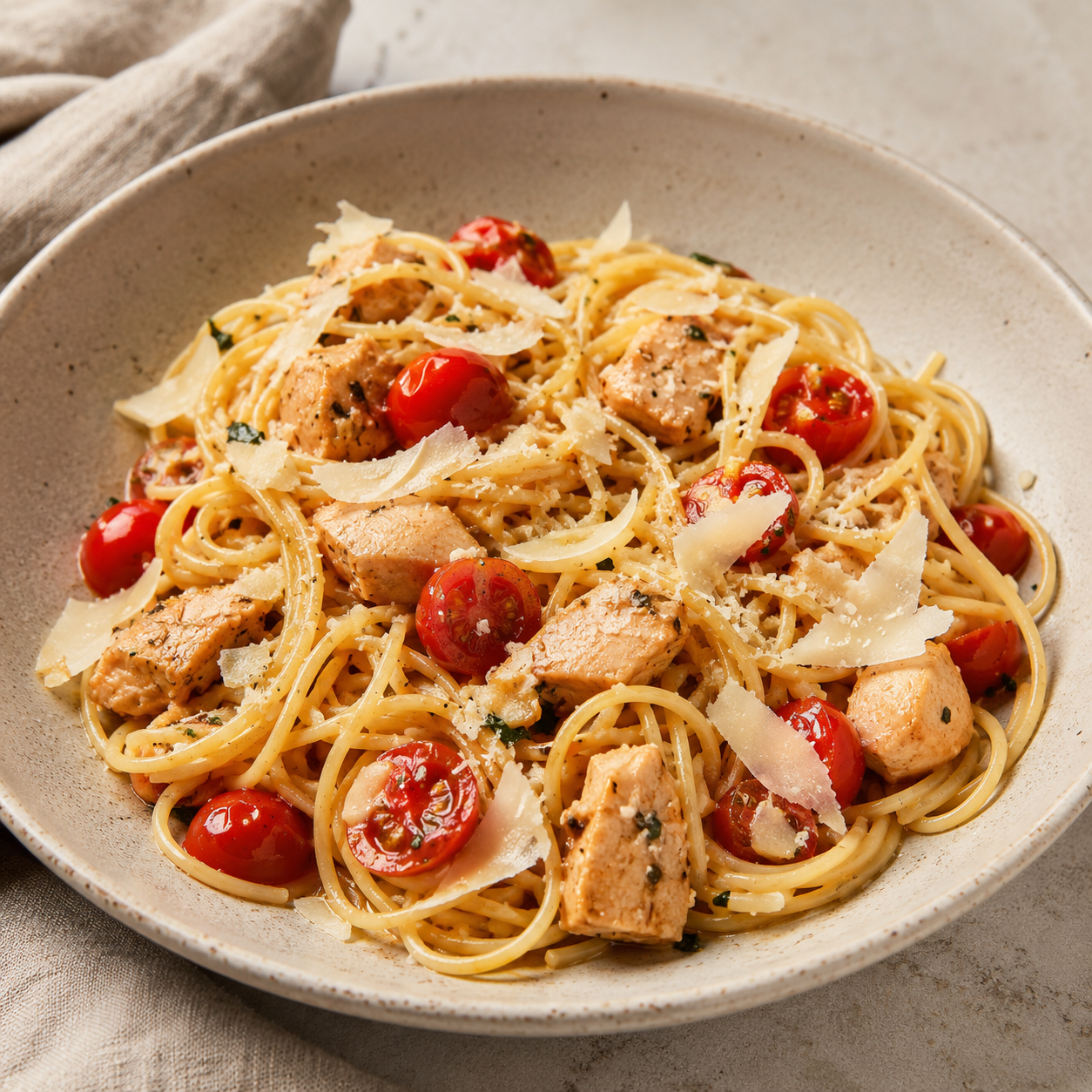 Espaguetis con cherrys, pollo y parmesano
