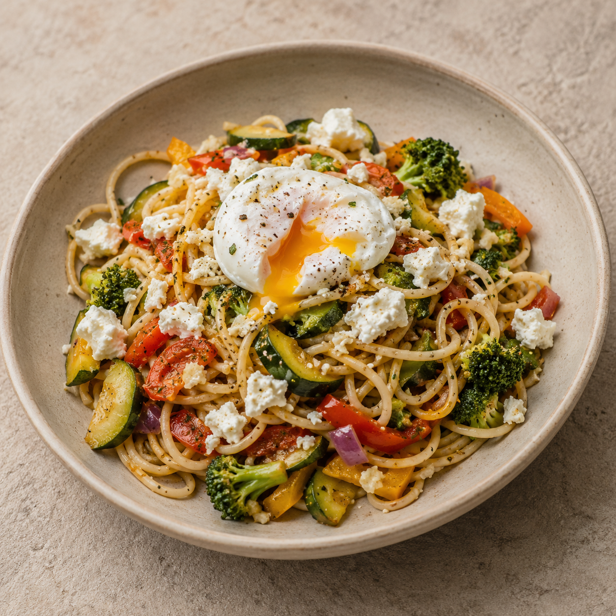 Espaguetis con verduras, huevo poché y queso de cabra