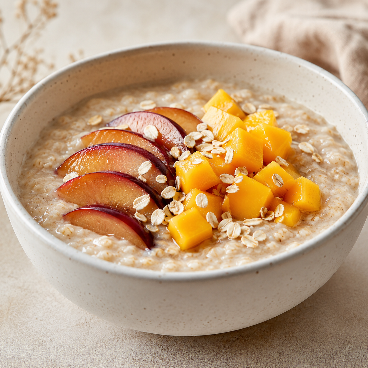 Gachas de avena con ciruela y mango