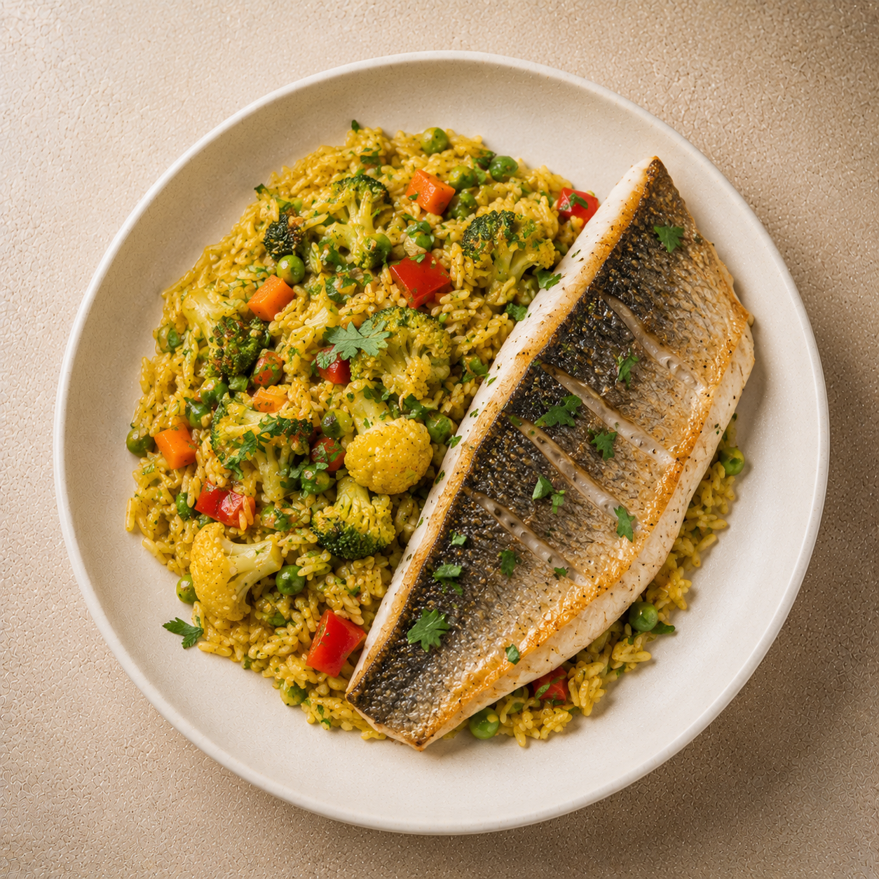 Lubina con arroz al curry y verduras