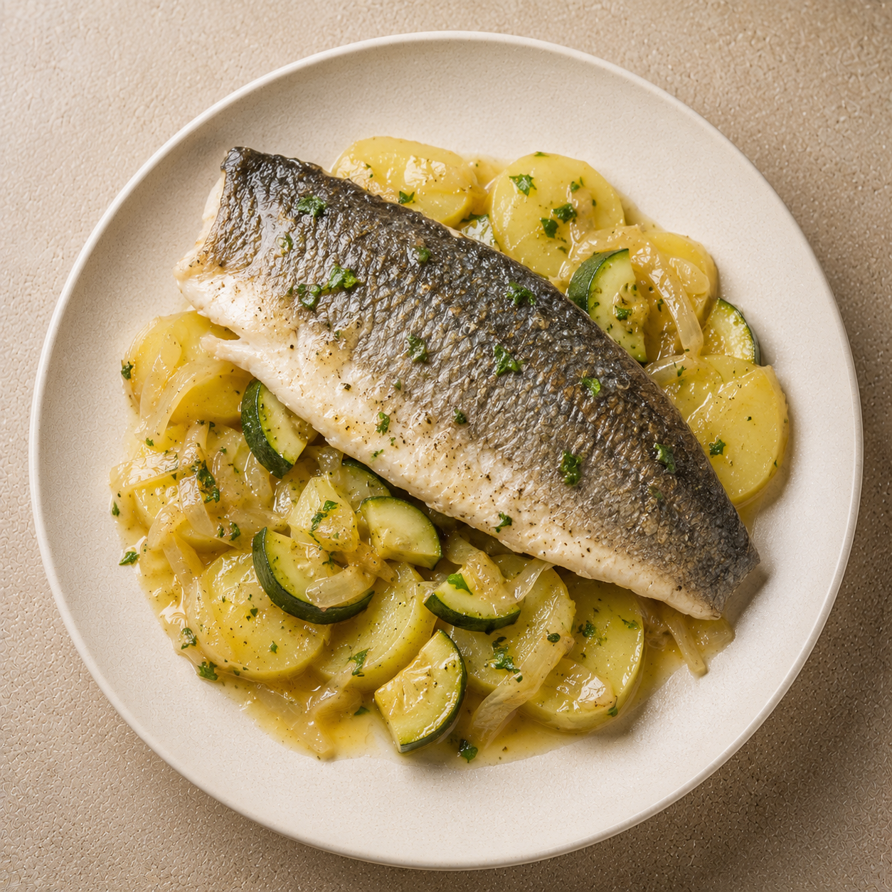 Lubina con patatas y calabacín