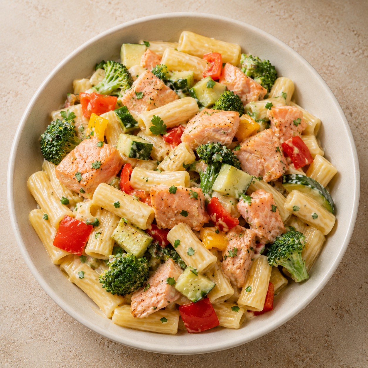 Macarrones con salmón y verduras