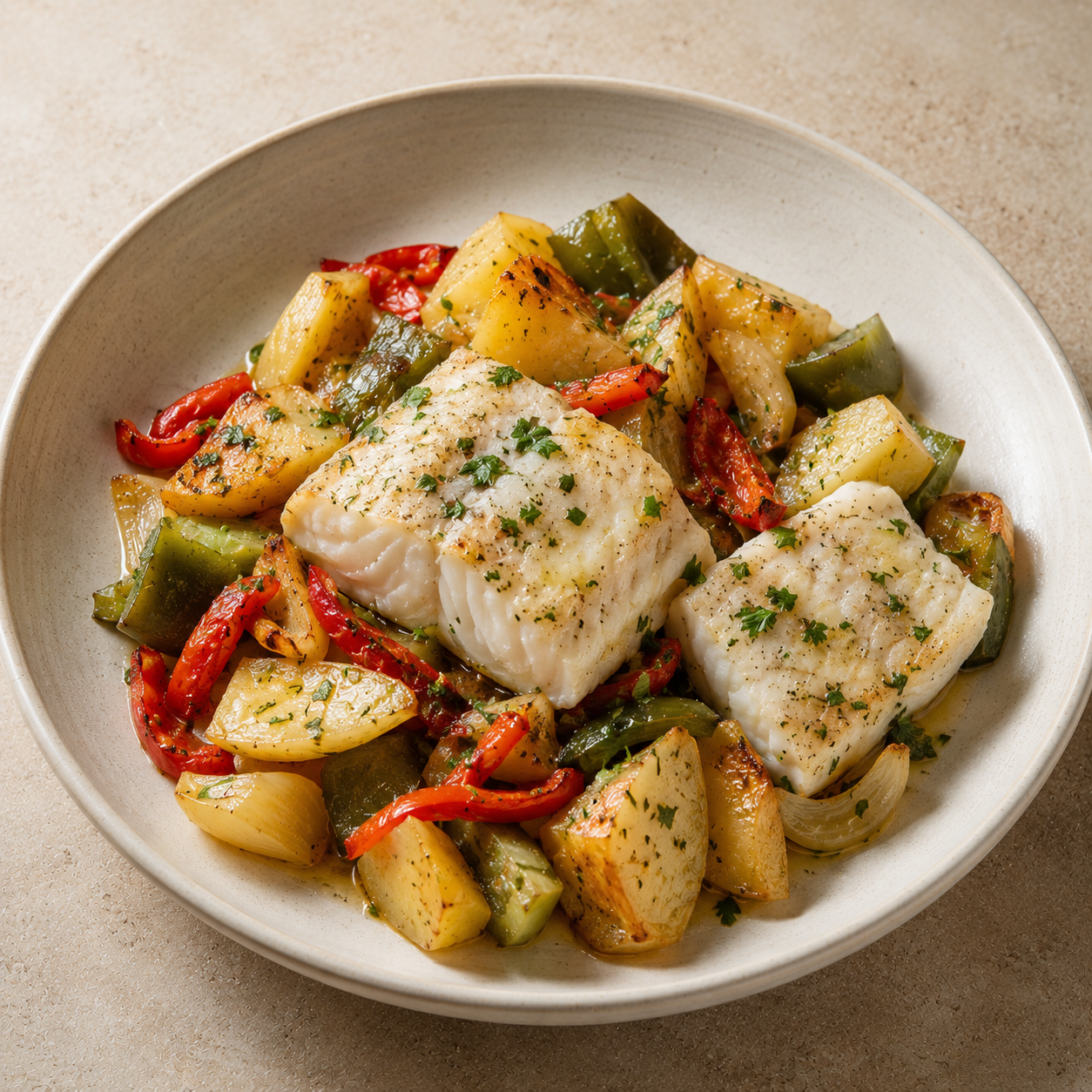 Merluza al horno con patata y verduras