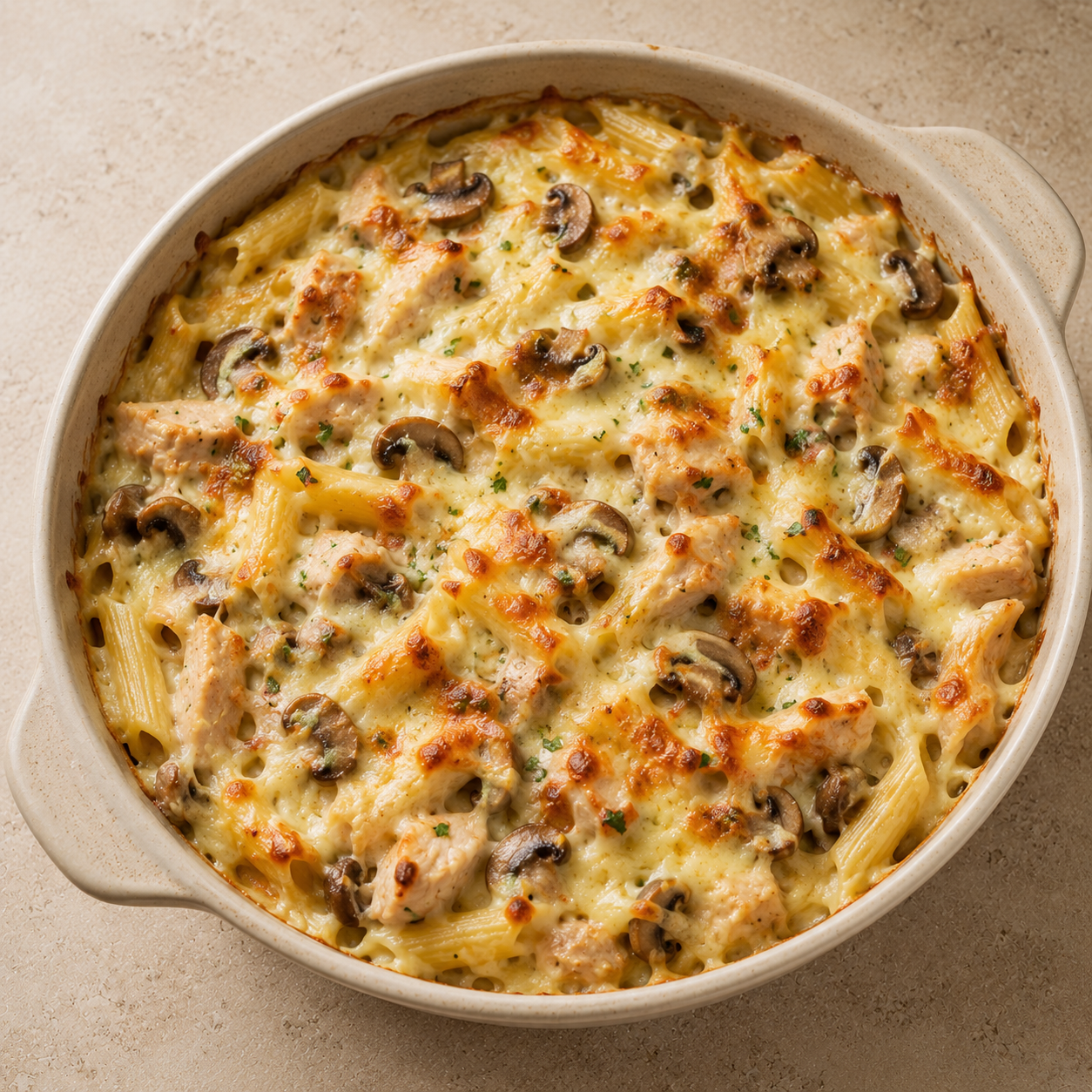 Pasta gratinada con pollo y champiñones
