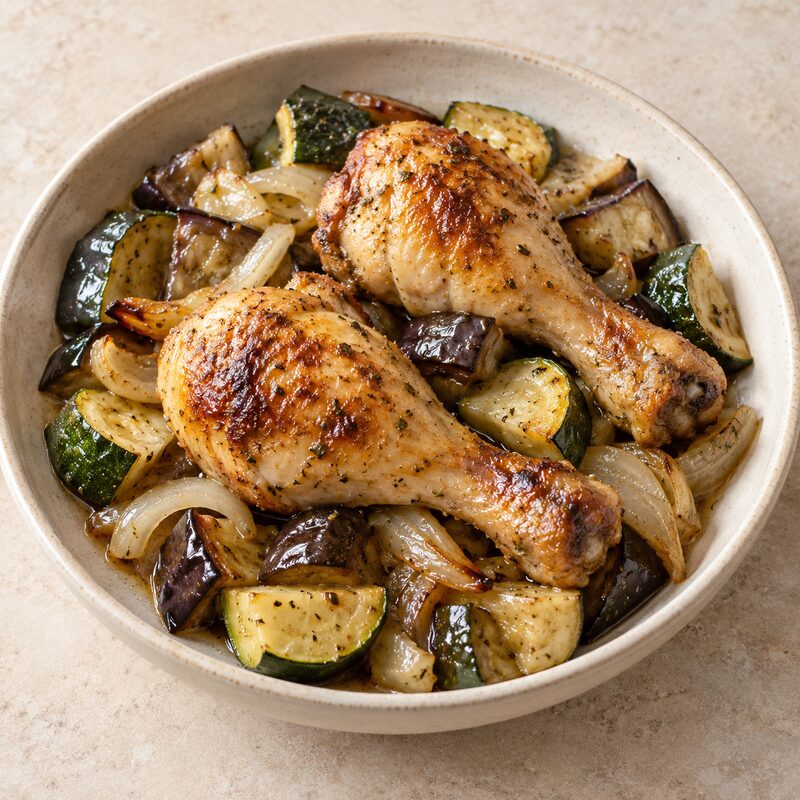 Muslos de pollo al horno con verduras
