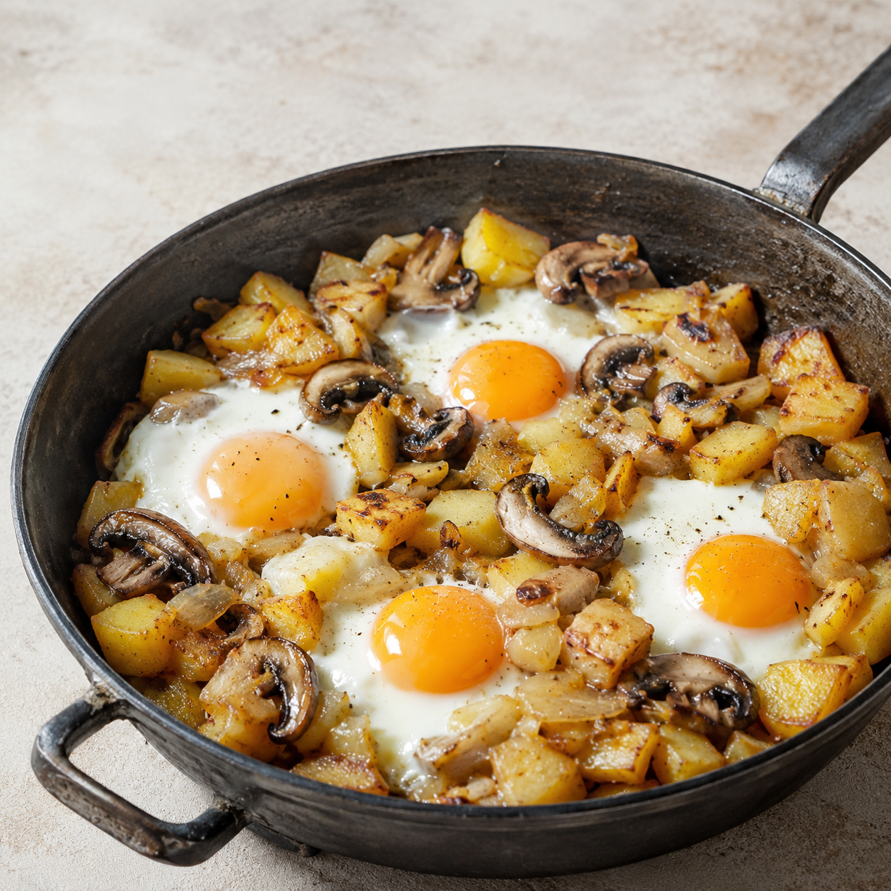 Sartén de huevos con patatas y champiñones