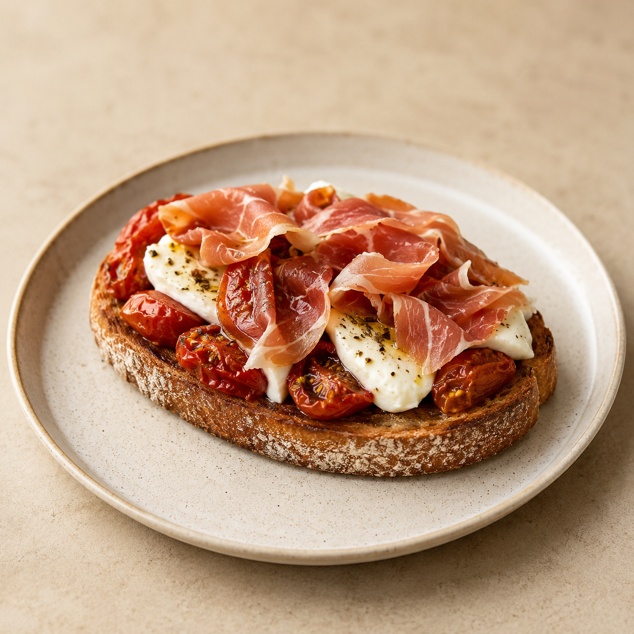 Tosta de tomates asados, mozzarella y jamón