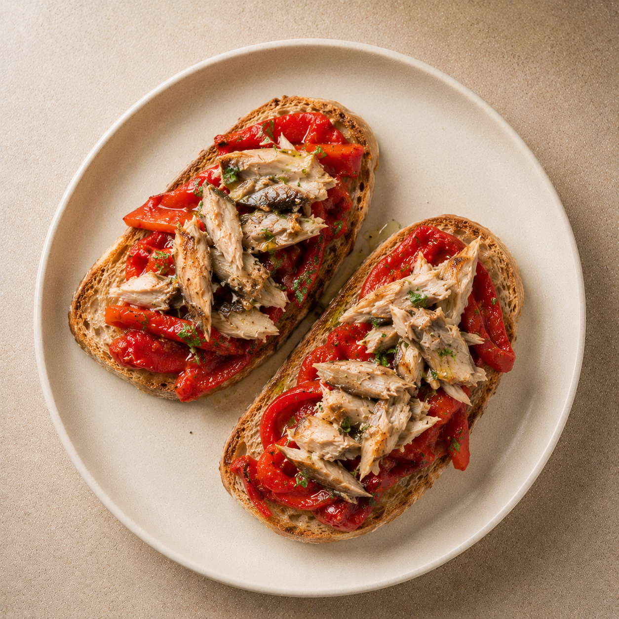 Tostadas de caballa con pimientos asados