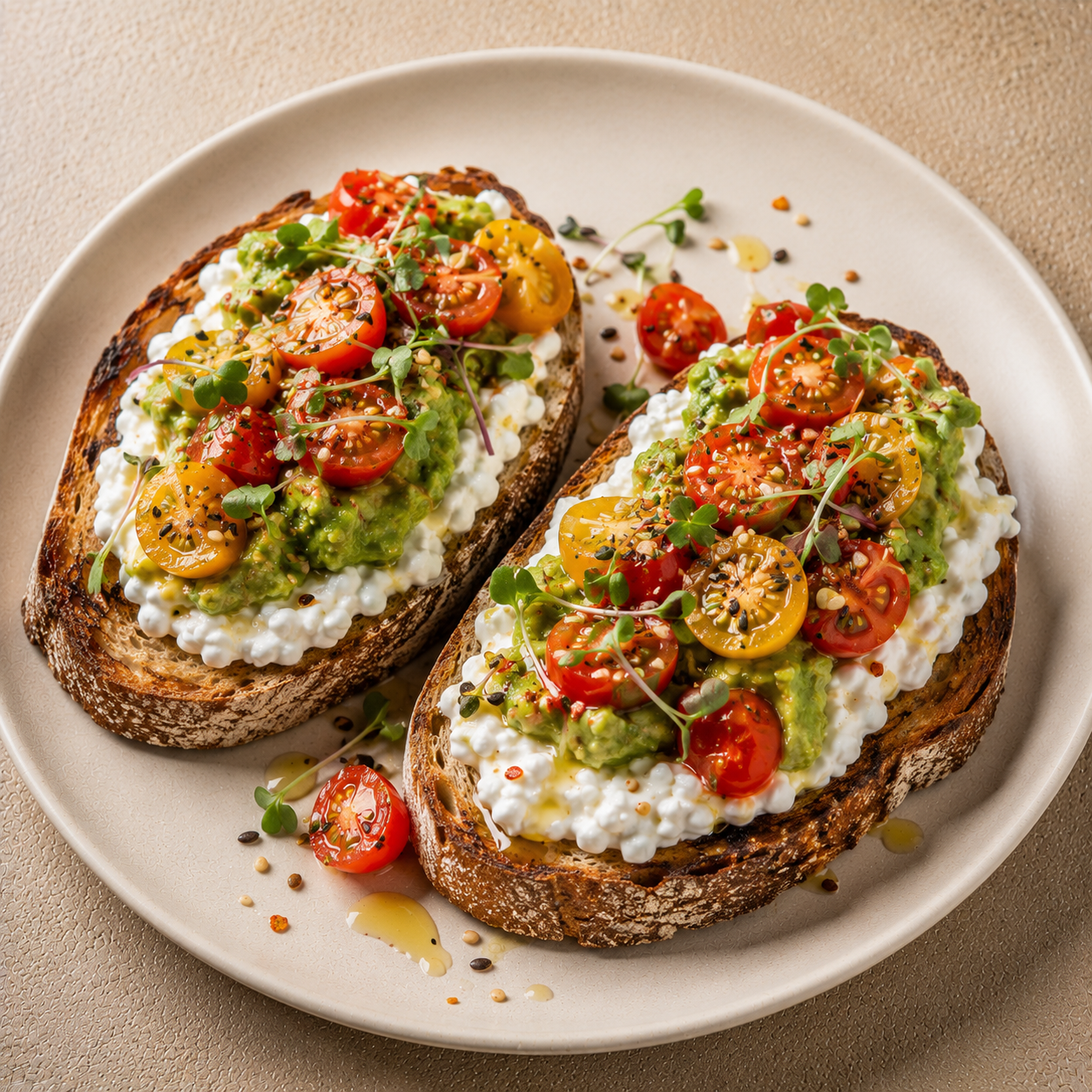 Tostas con cottage, tomates cherry, guacamole y más
