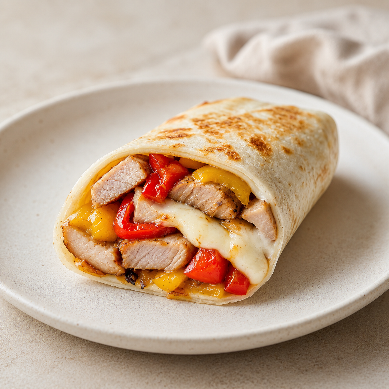 Wrap de lomo, pimientos y queso